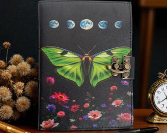 Luna Moth Leather Journal: Moon Phase Diary with Brass Clasp