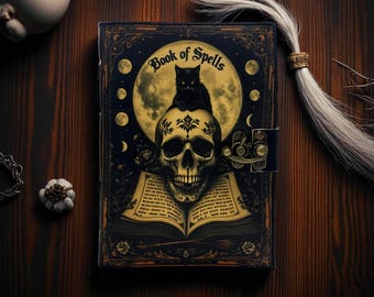 Carnet de sorts en cuir : grimoire tête de mort et chat, carnet de sorcellerie 5 x 7
