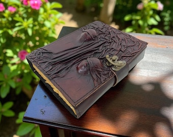 Handmade Leather Journal with Faces: Gothic Deckle Edge Notebook
