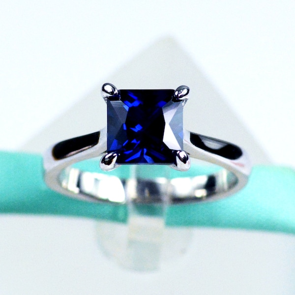 Solitaire Square 7MM blauwe saffier belofte ring verlovingsring, 925 sterling zilver, geplatineerd