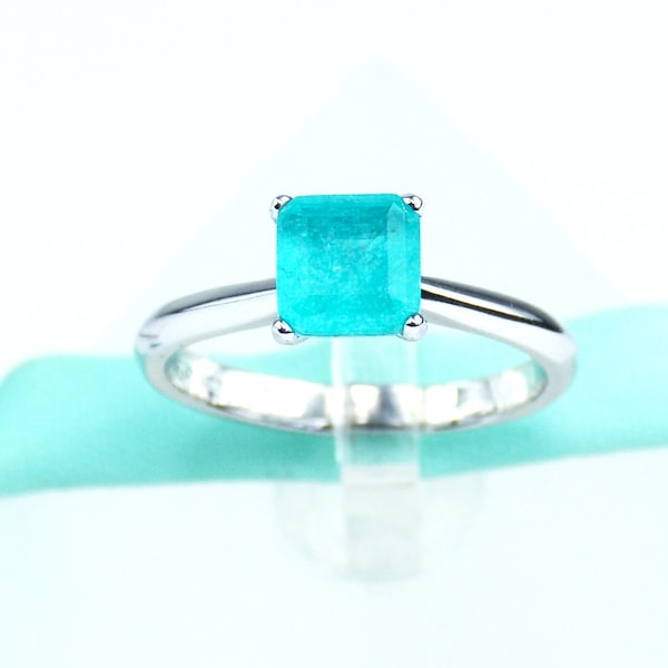 Solitaire Square Blue Paraiba Tourmaline Promise Ring Engagement Ring, 925 Sterling Silver, Platinum Plated