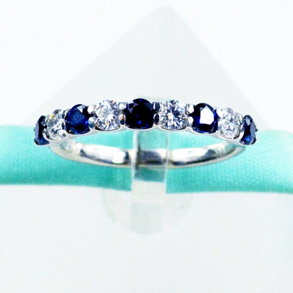 3MM White Moissanite Diamond & Blue Sapphire Wedding Band, 925 Sterling Silver, Platinum Plated, Stacking Ring
