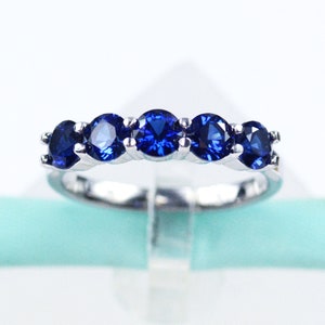 4MM Blue Sapphire Wedding Band, 925 Sterling Silver, Platinum Plated, 5Stone Ring
