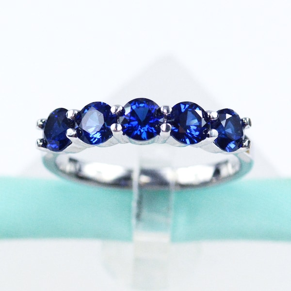 4MM Blue Sapphire Wedding Band, 925 Sterling Silver, Platinum Plated, 5Stone Ring