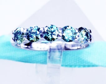4MM Greenish Blue Moissanite Diamond Wedding Band, 925 Sterling Silver, Platinum Plated, 5Stone Ring