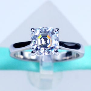 Solitaire 7MM Asscher Cut White Moissanite Diamond 925 Sterling Silver Ring Engagement Promise Ring