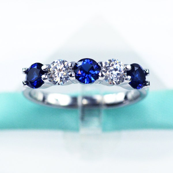 4MM White Moissanite Diamond Blue Sapphire Wedding Band, 925 Sterling Silver, Platinum Plated, 5Stone Ring