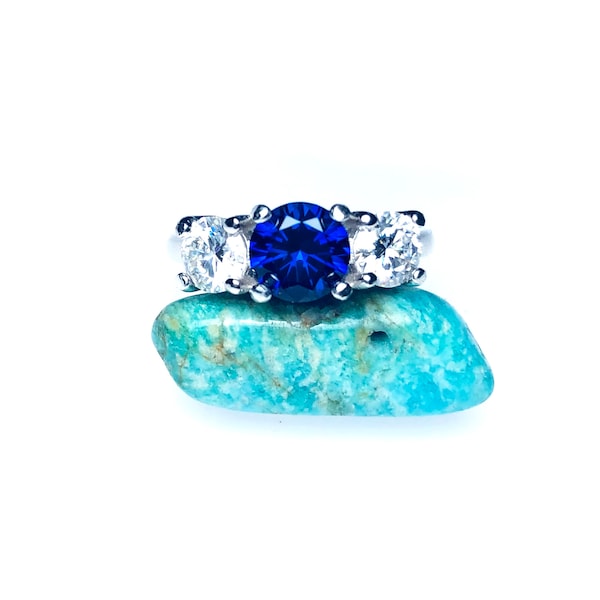 Blue Sapphire Three Stone Engagement Ring: Moissanite Sterling Silver