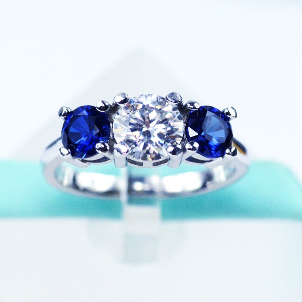 1CT White Moissanite & Blue Sapphire Engagement Ring, Solid 925 Sterling Silver, 3Stone Wedding Ring