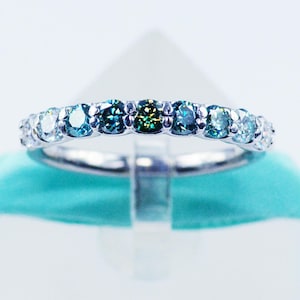 Ombre 3MM White Blue Green Moissanite Wedding Band, 925 Sterling Silver, Platinum Plated