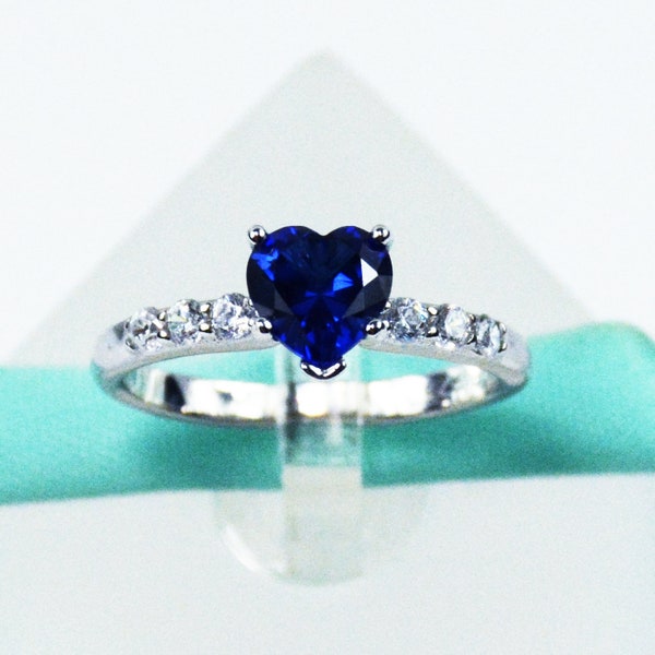 Heart Blue Sapphire Solitaire With Accent Promise Ring Engagement Ring, 925 Sterling Silver, Platinum Plated