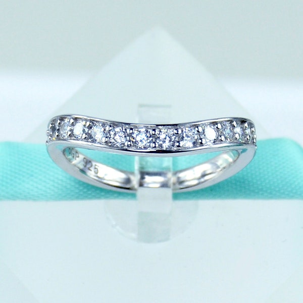 925 Sterling Silver Curved Wedding Band 2MM Simulated Diamond Cubic Zirconia  Wedding Band