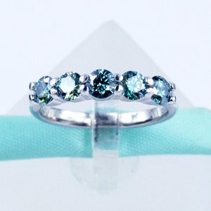4MM Greenish Blue Moissanite Diamond Wedding Band, 925 Sterling Silver, Platinum Plated, 5Stone Ring
