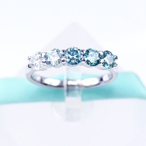 Ombre 4MM White Greenish Blue Moissanite Diamond Wedding Band, 925 Sterling Silver, Platinum Plated, 5Stone Ring