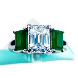 Emerald Cut Moissanite Engagement Ring: Green Emerald Accent, Sterling Silver