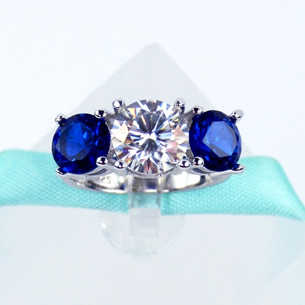 2Carat White Moissanite Diamond, Blue Sapphire Three Stone Engagement Ring 925 Sterling Silver, Platinum Plated