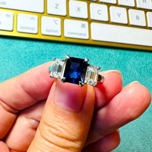 Three Stone Blue Sapphire White Moissanite Engagement Ring, 925 Sterling Silver