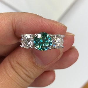 8MM 2Carat Greenish Blue Moissanite, 6.5mm White Moissanite Side Stones 3Stone Engagement Ring, 925 Sterling Silver, Platinum Plated