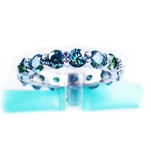 4MM Deep Greenish Blue Moissanite Eternity Wedding Band, 925 Sterling Silver, Platinum Plated