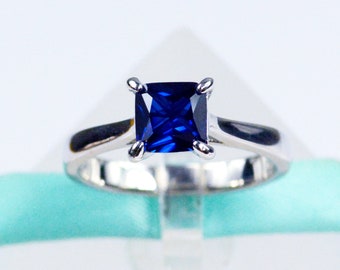 Solitaire Square Blue Sapphire Promise Ring Engagement Ring, 925 Sterling Silver, Platinum Plated