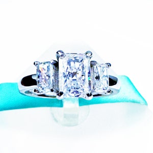 Three Stone Radiant Cut White Moissanite Diamond Engagement Ring, 925 Sterling Silver, 1Carat Main Stone, 1.6Carat Total