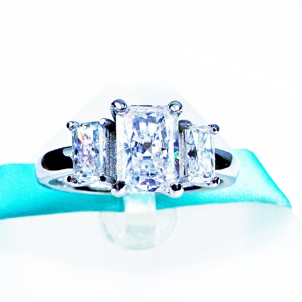 Three Stone Radiant Cut White Moissanite Diamond Engagement Ring, 925 Sterling Silver, 1Carat Main Stone, 1.6Carat Total