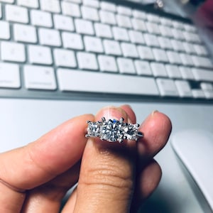 Moissanite Three Stone Engagement Ring: 2.25 Carat, Sterling Silver