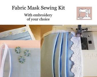 Kit to sew your own Reusable Embroidered Fabric Face Masks / Mouth Protection - 3-Pack
