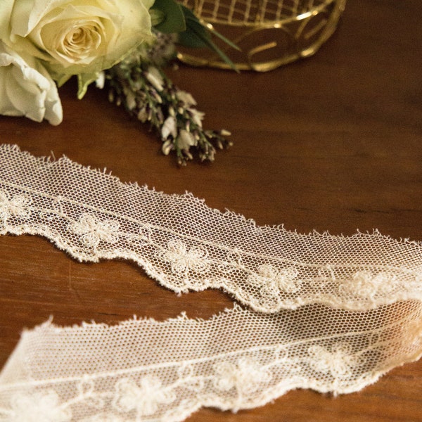 Dentelle tulle passe ruban vintage brodée en coton de 9,2 m