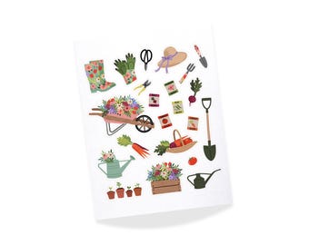 Gardening Sticker Sheet – Hand-Drawn Garden Tools, Veggies, Seed Packets & Flowers | Cute Journal and Planner Stickers