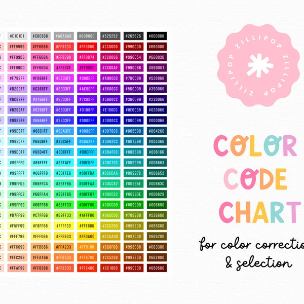 Color Correction HEX Code Color Chart Printable Designer Quick Reference Cheat Sheet