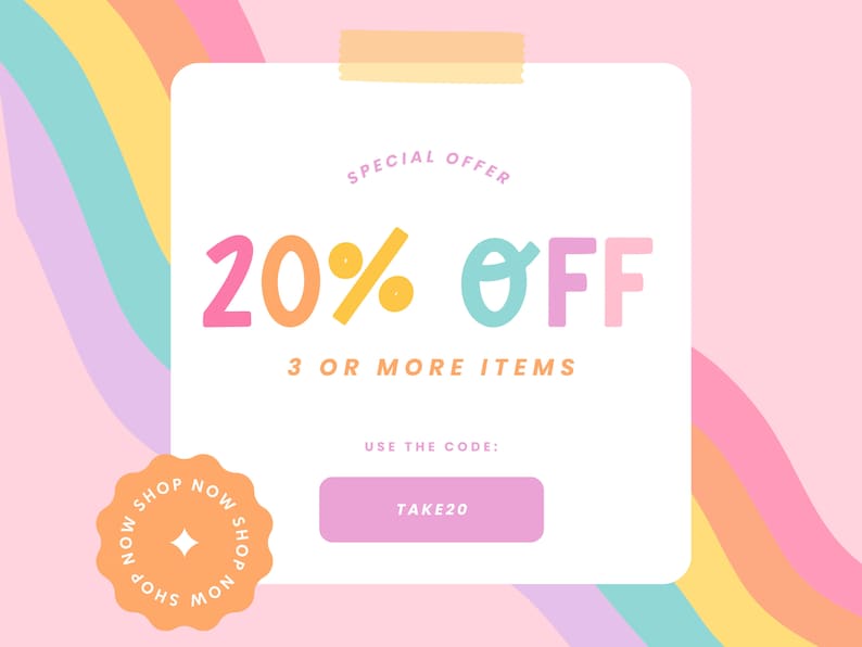 Op de afbeelding: Een roze en witte afbeelding met een regenboogachtergrond. De afbeelding zegt "SPECIAL OFFER 20% OFF 3 OR MORE ITEMS USE THE CODE: TAKE20". Er is een perzikkleurige cirkel met de tekst "SHOP NOW SHOP NOW SHOP NOW SHOP NOW" in wit.