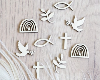 Streudeko für Taufe, Kommunion, Konfirmation, Firmung aus Holz | Tischdeko Taube, Fisch, Regenbogen, Kreuz, Blatt | reezadesign