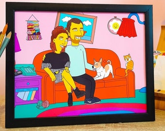 Custom Simpsons Portrait Illustration Drawing with couch background