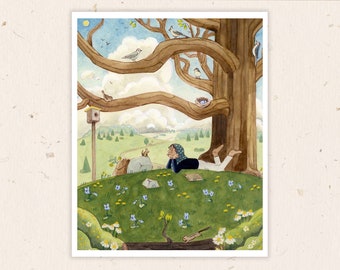 May include: Watercolor illustration of a person relaxing under a large tree, surrounded by birds and a birdhouse. The scene depicts a sunny day with a rolling green landscape and a blue sky. A peaceful, nature-themed artwork.