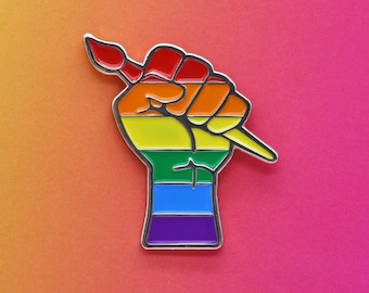 Art Pride Rainbow Silver Enamel Pin Badge - LGBTQ Revolution Artist Pins Queer Gifts Gay Lesbian LGBT Pride Flag Silver Lapel Pin Power Fist