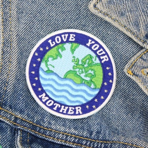Love Your Mother Embroidered Iron on Patch - Planet Earth Designer Embroidery Patches Applique Eco Punk Environment Retro Badges for Jacket