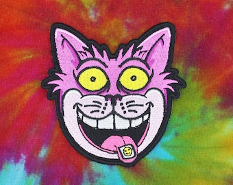 Psychedelic Cheshire cat Iron-on Patch - Embroidered Funny Badges - Acid House Tab Trip Rave Wear Hippie emo alternative gifts accessories