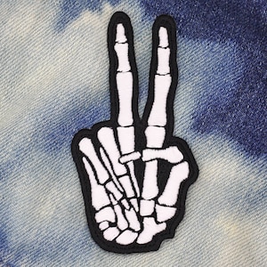 Peace Sign Glow in the Dark Skeleton Iron on Patch - Alternative Embroidery Patches Bones Sew Badge Spooky Punk Goth Embroidered Accessories