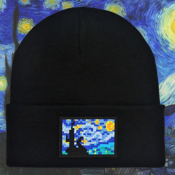 Pixel Van Gogh Starry Night Beanie Hat - Unisexe Adulte Brodé mignon Noir skully artistes art amant cadeaux idées accessoires hommes femmes