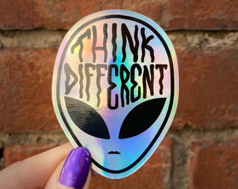 Holographic Foil Alien Sticker - ET UFO Think Different Metallic Vinyl Waterproof Holo Foil I Believe Decal Goth Emo Punk Alternative Gifts