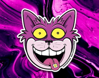 Acid Tab Grinsekatze Vinyl Aufkleber - Wasserdichte Aufkleber Psychedelische Reise Lustige Hippie Emo Alternative EDM Rave Grafiken Alice im Wunderland