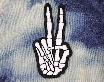 Peace Sign Glow in the Dark Skeleton Iron on Patch - Alternative Embroidery Patches Bones Sew Badge Spooky Punk Goth Embroidered Accessories