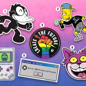 May include: A set of ten colorful stickers featuring various cartoon characters and designs. The stickers include a black and white cartoon bird, a yellow cartoon character with a blue hat, a fist with a rainbow design, a grey and white game console, a blue and white computer error message, and a purple cartoon cat with a tongue sticking out.
