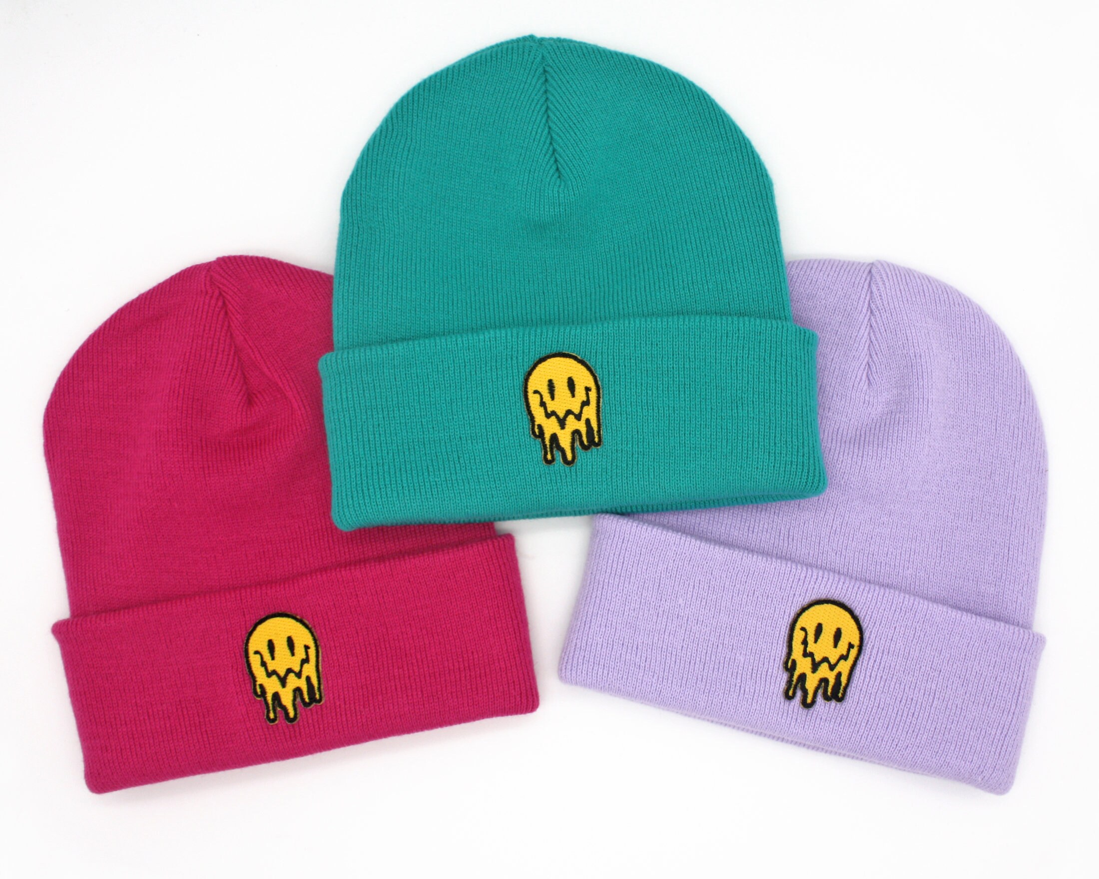 Melting Smiley Face Beanie Hat- Unisex Teal Trippy 90s Acid Rave Wear Hippie Emo Alternative Gifts Accessories Vaporwave Embroidered Caps