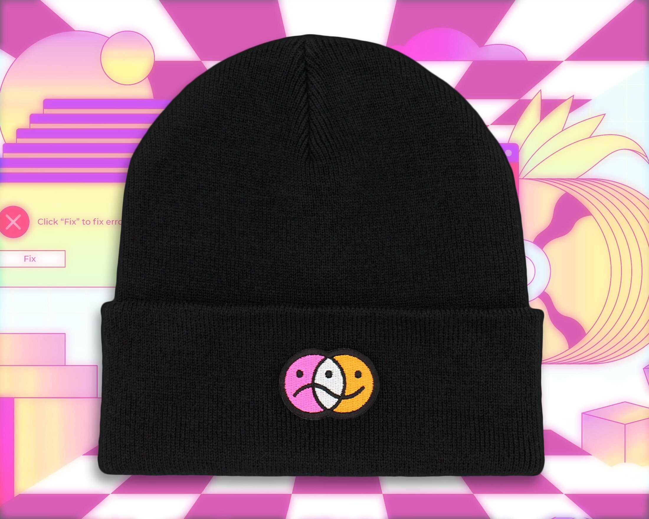 Sad Hat Pastel Happy Sad Face Beanie Black Hat - Unisex Embroidered Cute Pink ...