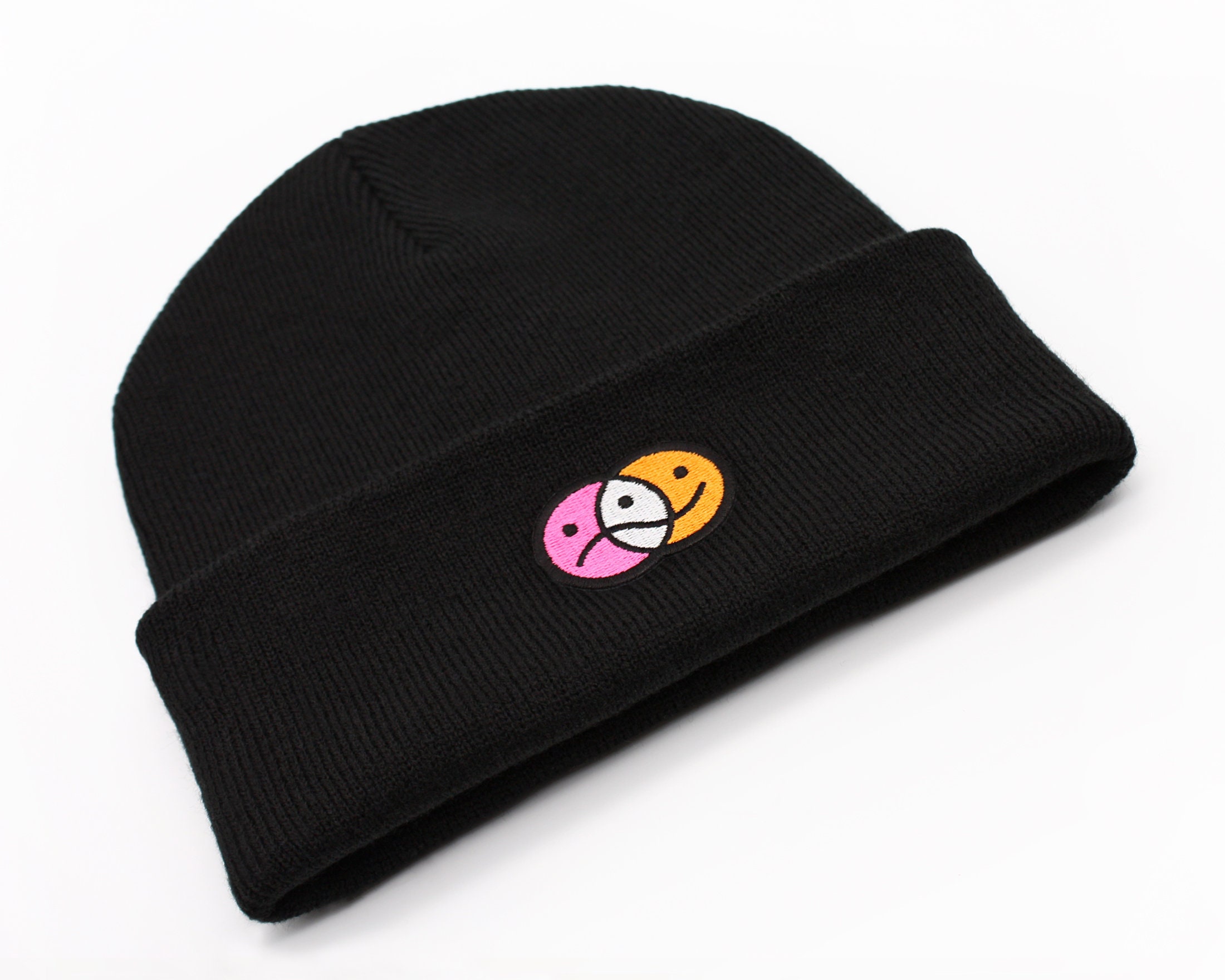 Pastel Happy Sad Face Beanie Black Hat - Unisex Embroidered Cute Pink ...
