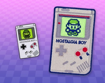 Glow in the Dark Nostalgia Game Boy Iron on Patch & Enamel Pin Badge Set - Retro 90s Gaming Geek Pins Nintendo Vaporwave Alternative Gifts