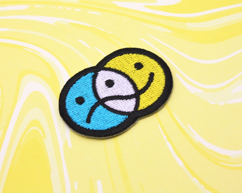 Mini Neon Happy Sad Face Iron-on Patch - Trippy 90s Acid Y2K Cute Rave ...