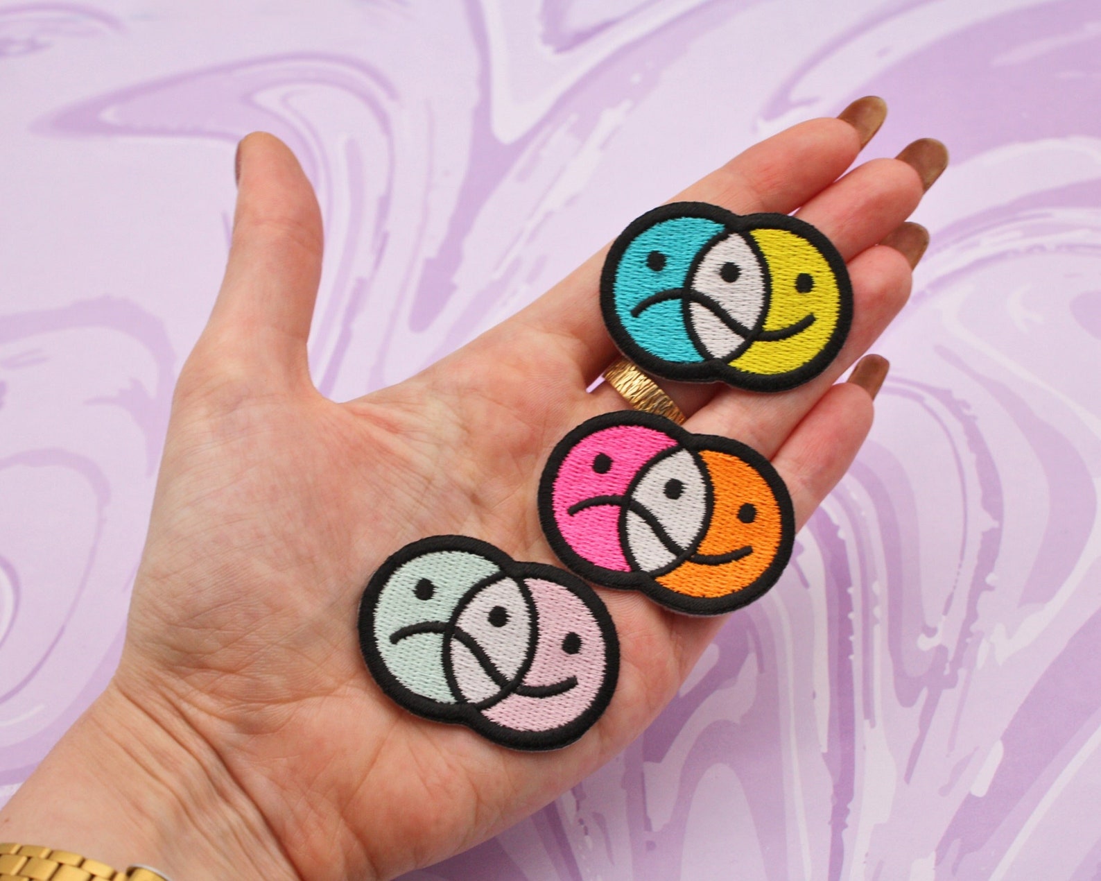 Mini Neon Happy Sad Face Iron-on Patch - Trippy 90s Acid Y2K Cute Rave ...